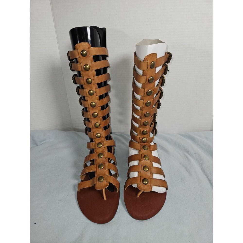 Tan Cognac Faux Leather Tall Gladiator Sandal Boots with Brass Studs Buckles 6.5
